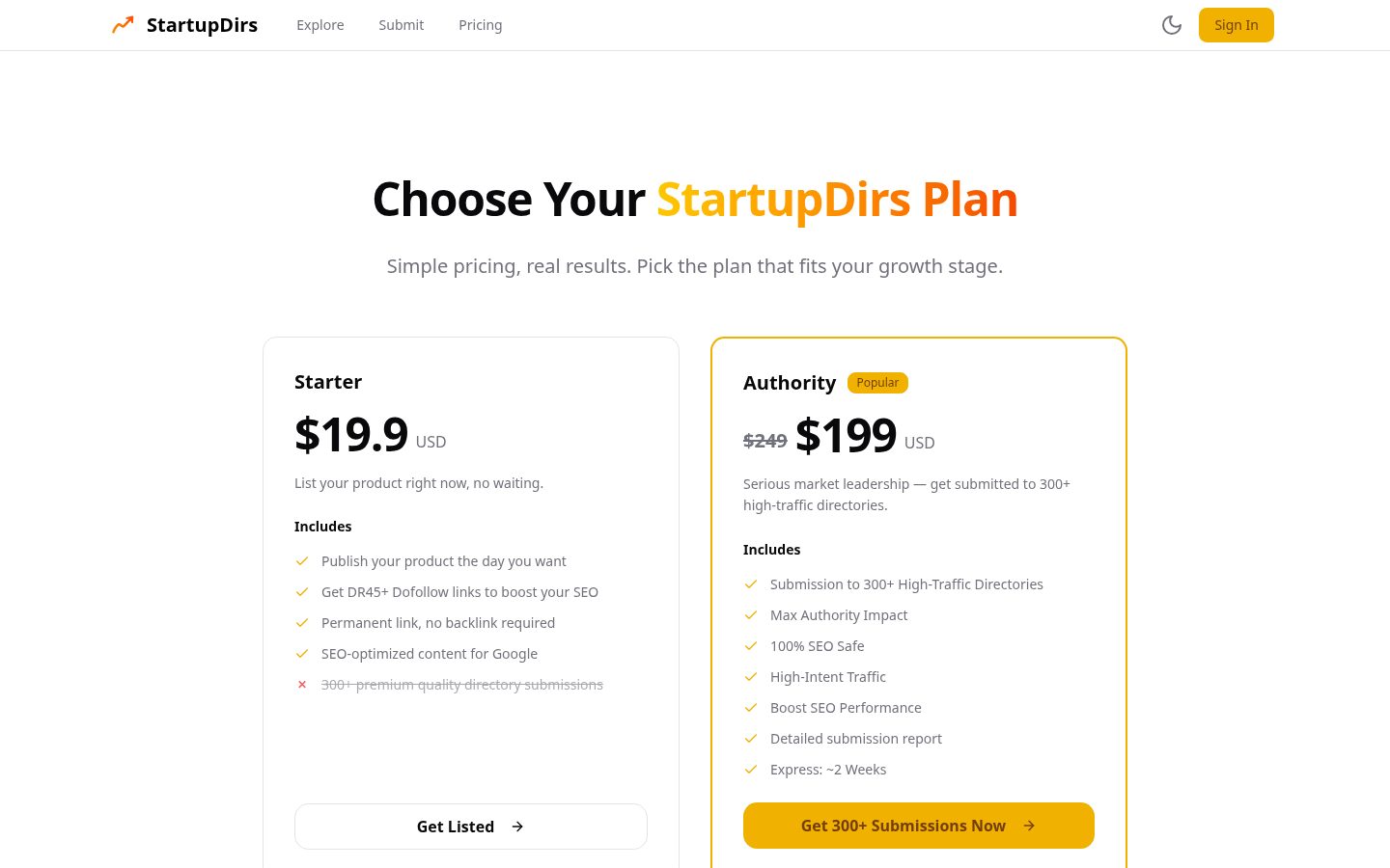 StartupDirs Pricing