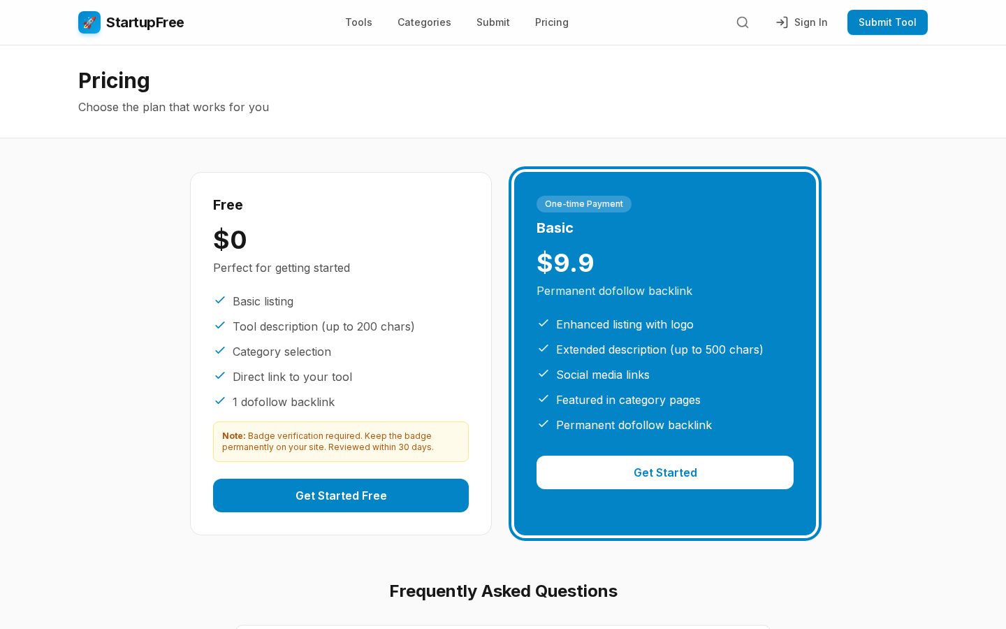 StartupFree Pricing