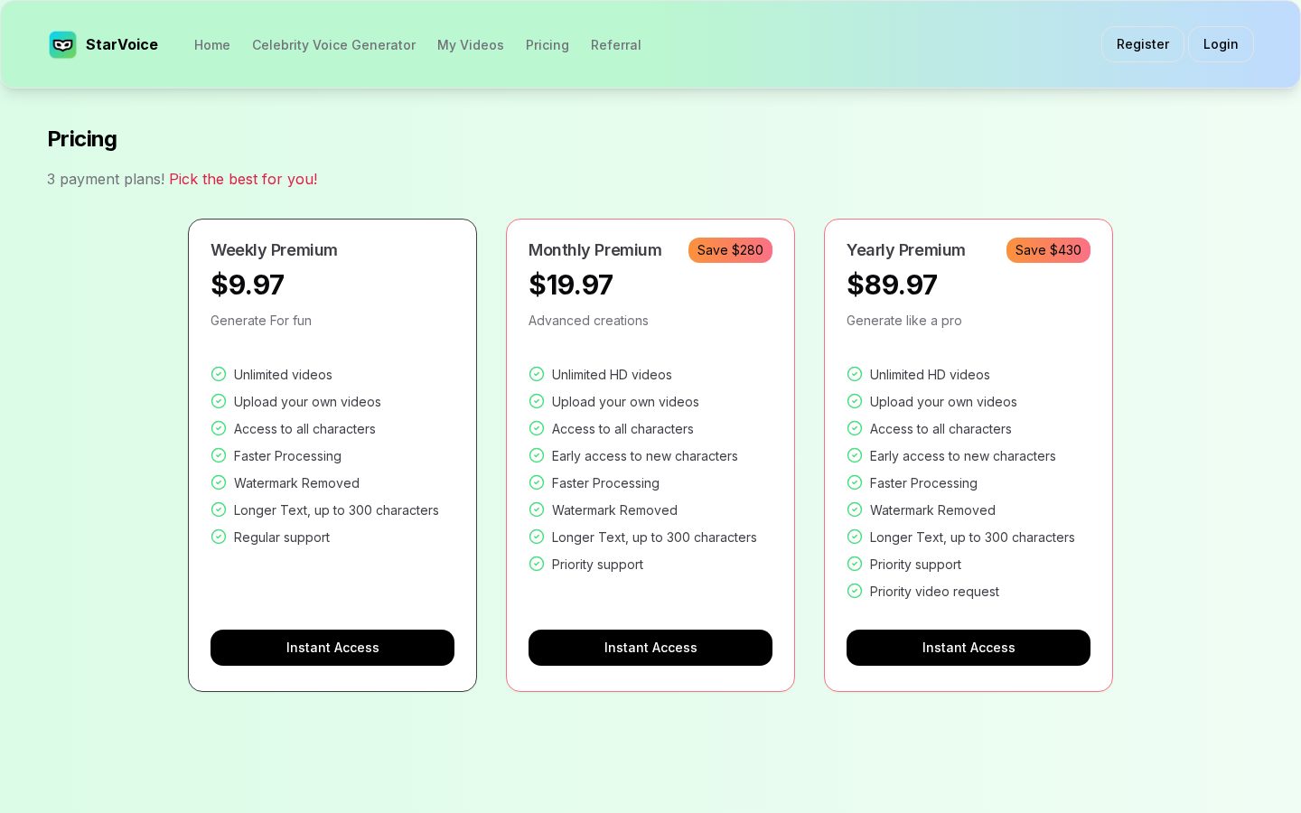 StarVoice AI Pricing