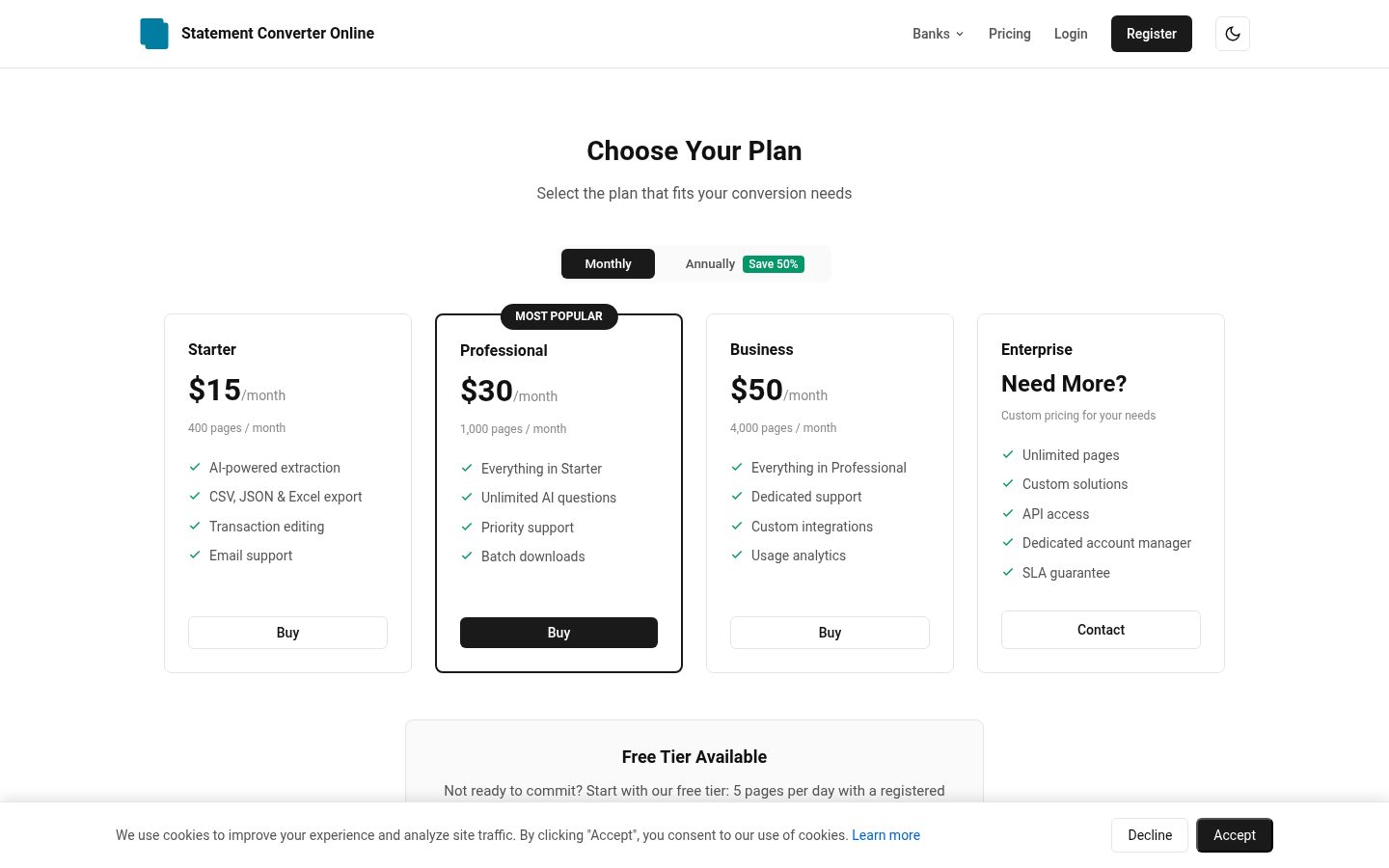 Statement Converter Online Pricing