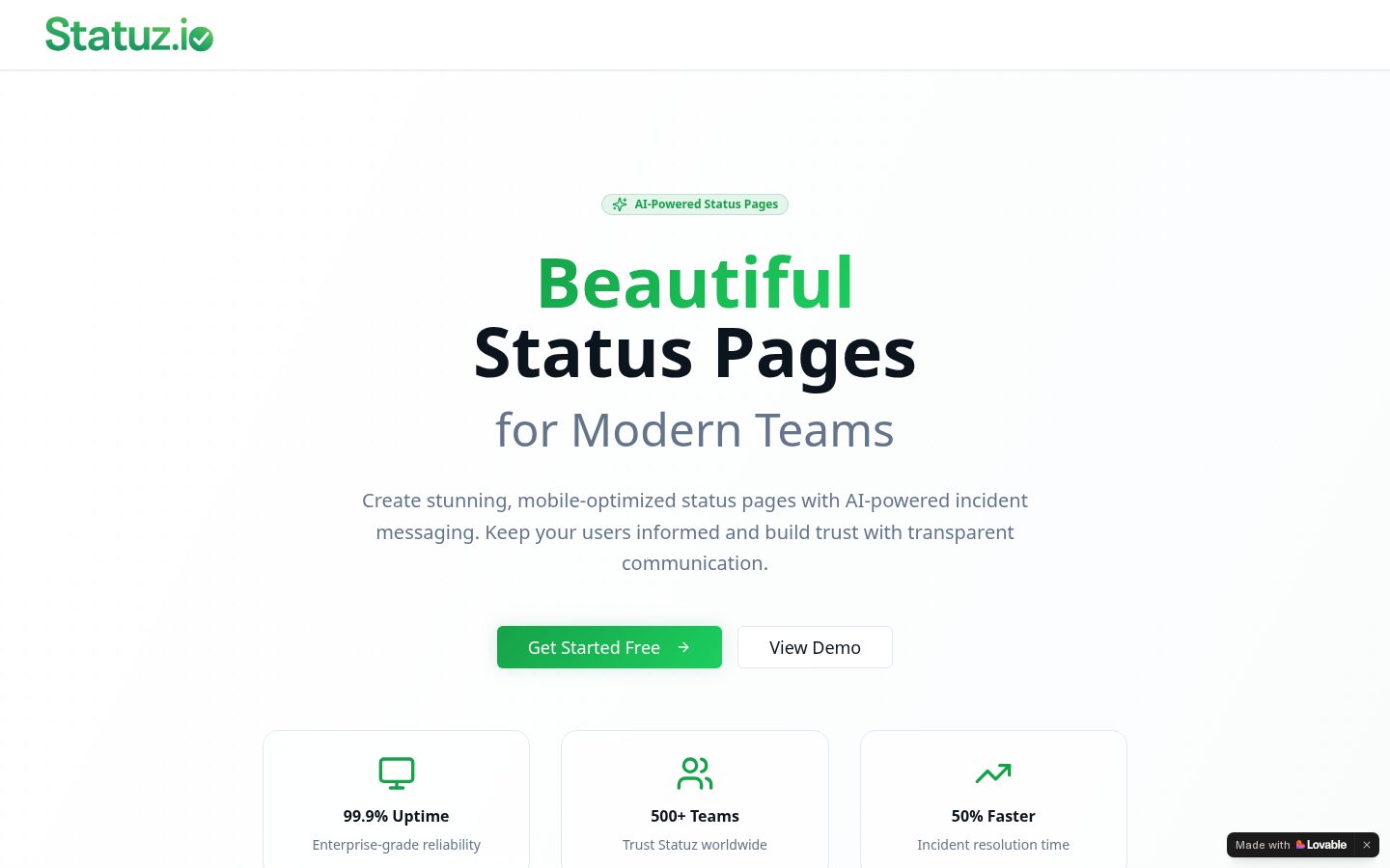 Statuz.io Homepage