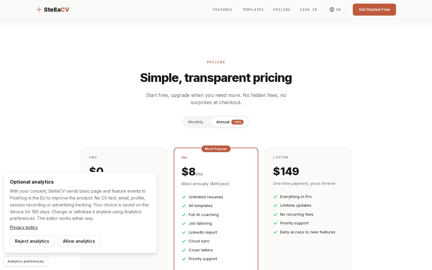 StellaCV Pricing