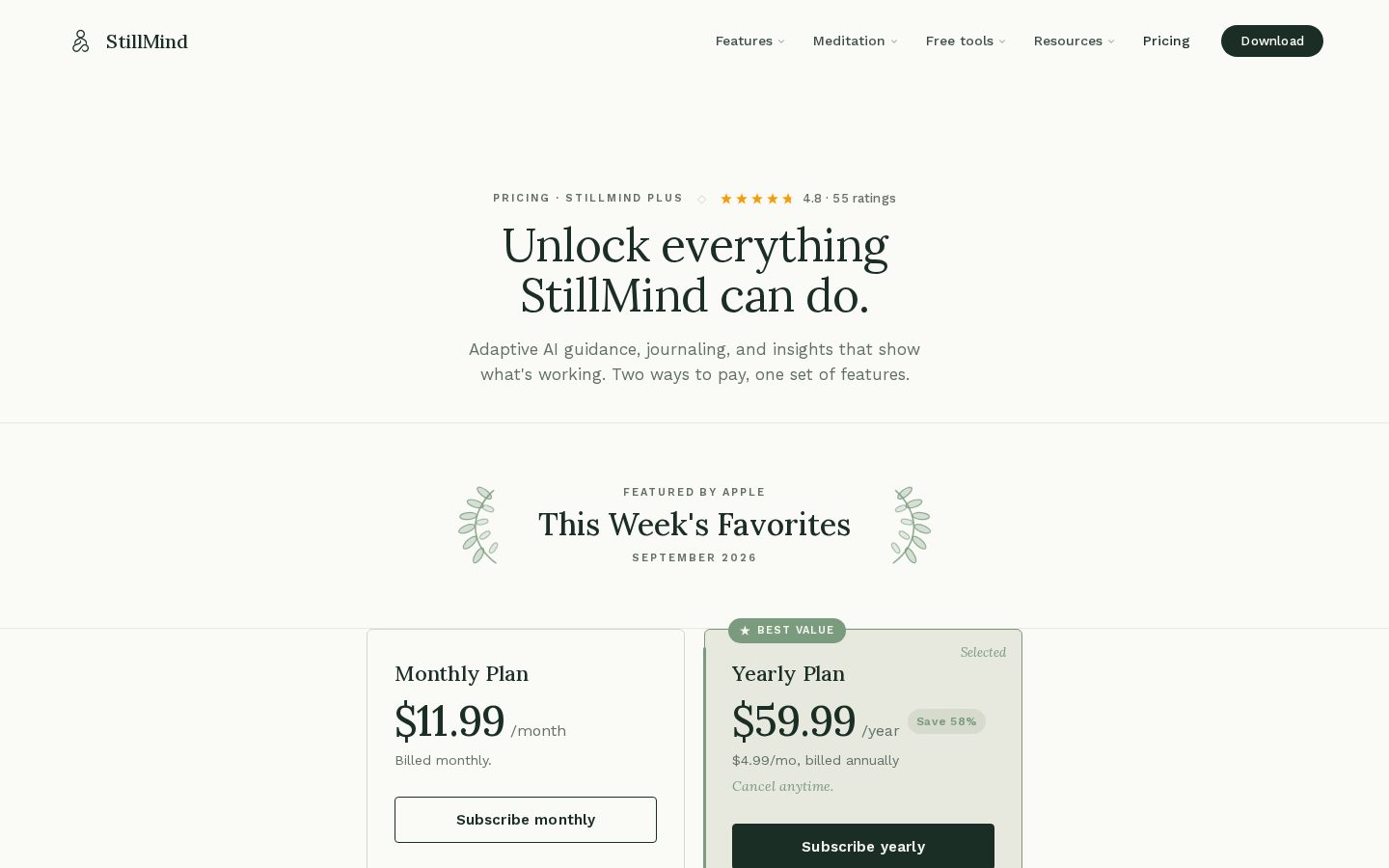 StillMind I AI Meditation & Journal Pricing