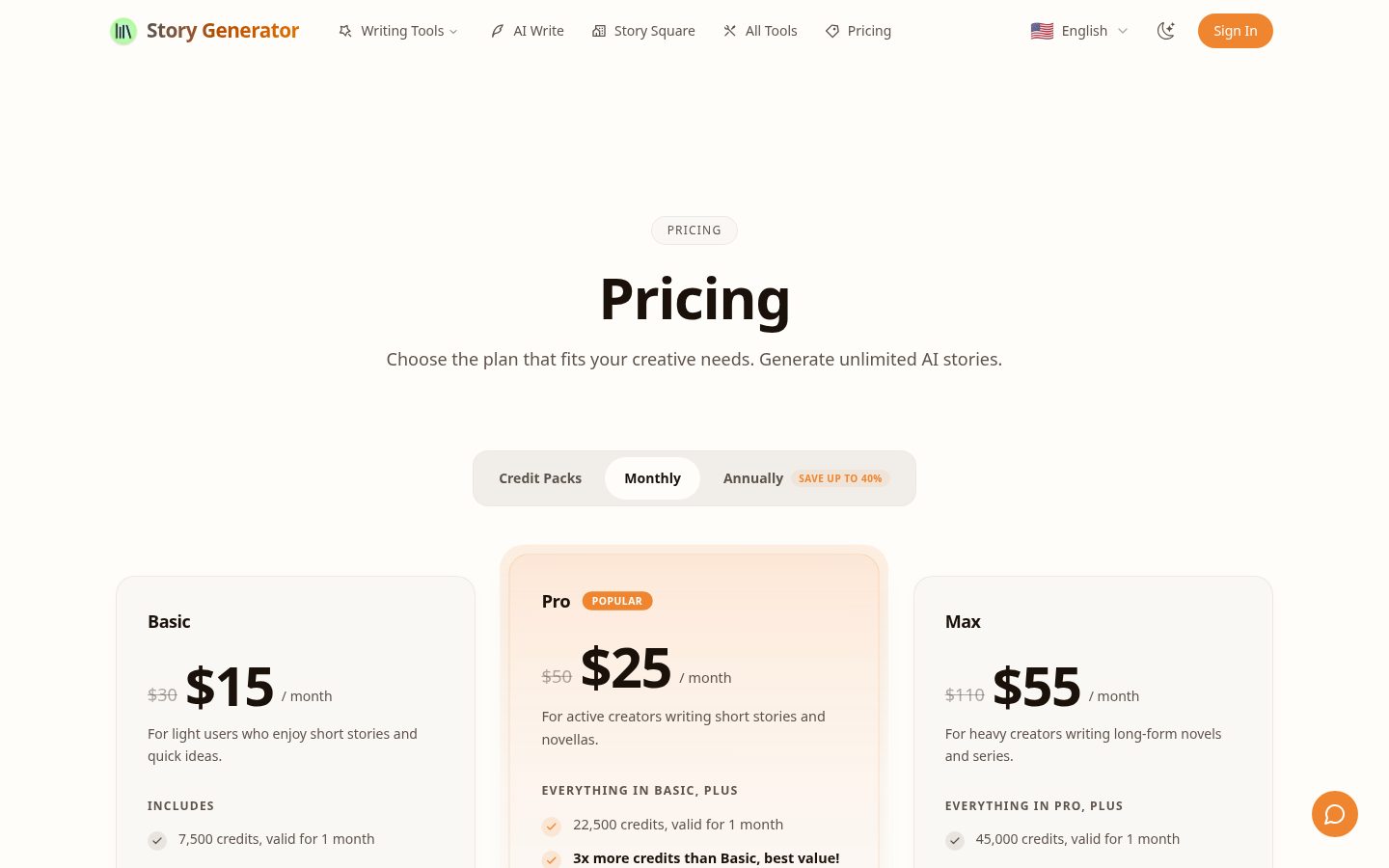 Story Generator Pricing