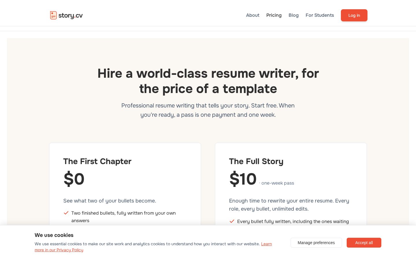 StoryCV Pricing