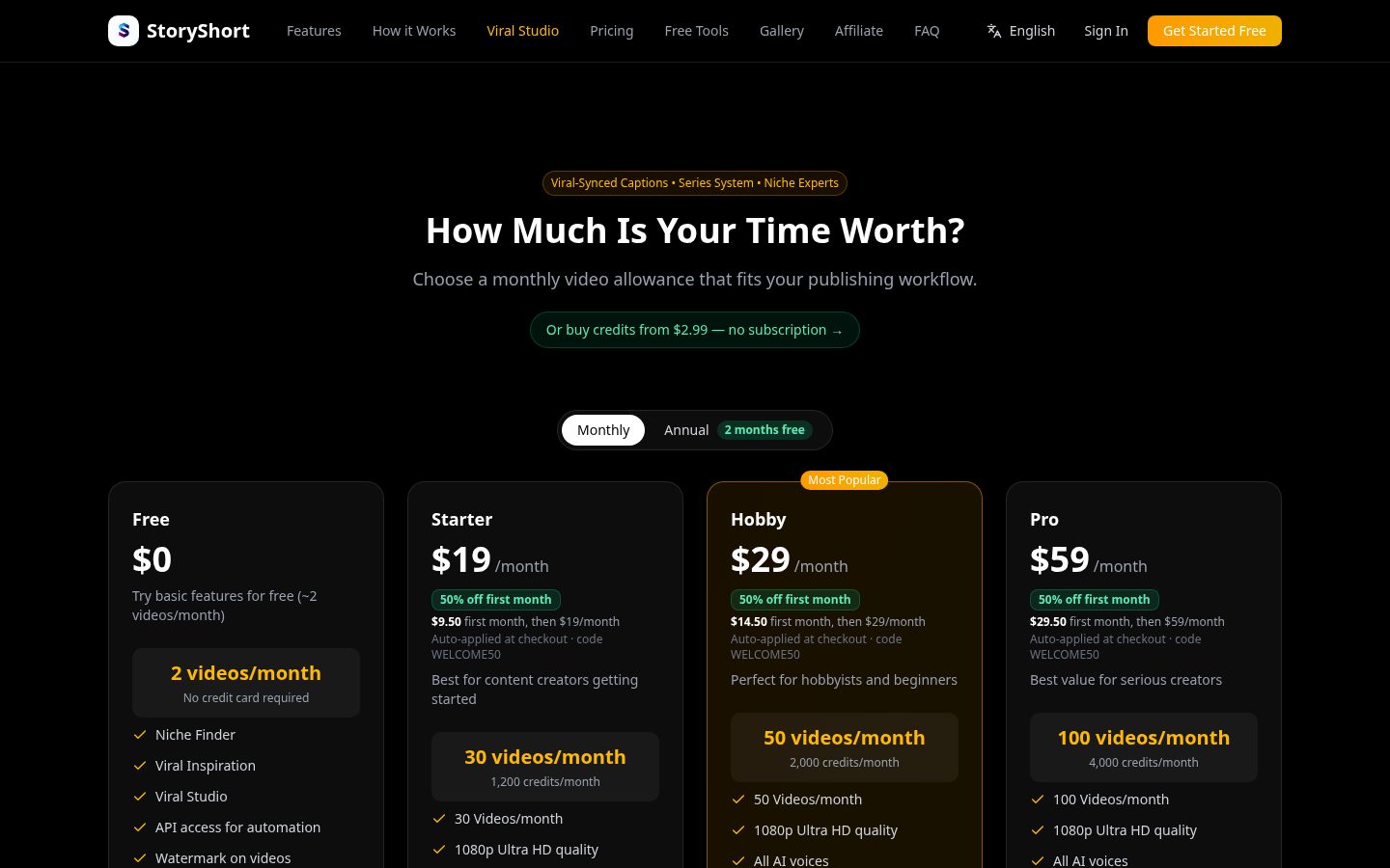 StoryShort AI Pricing