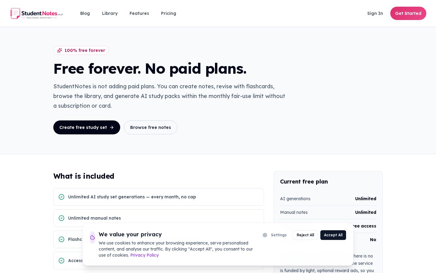 StudentNotes Pricing