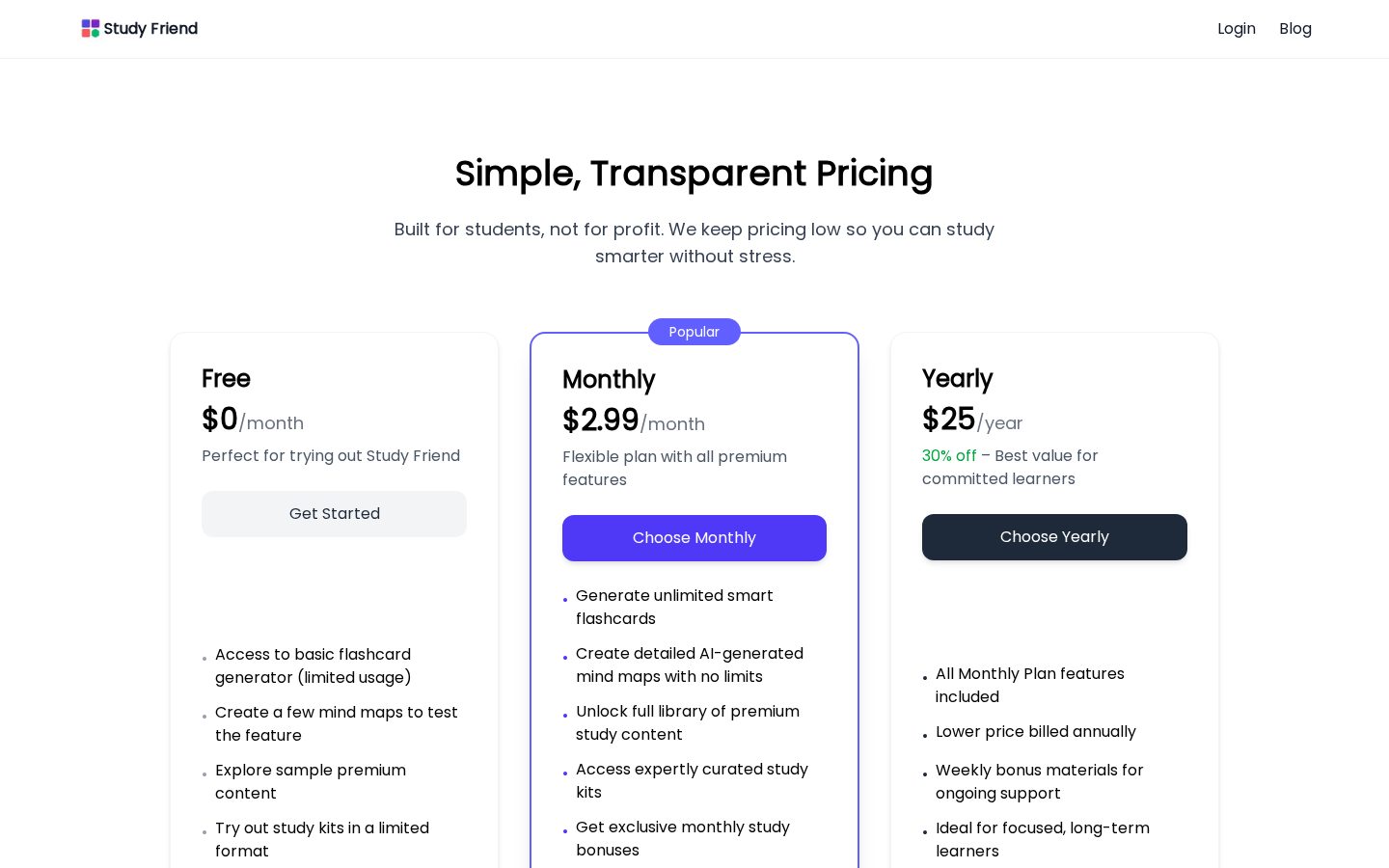 Study Friend Pricing