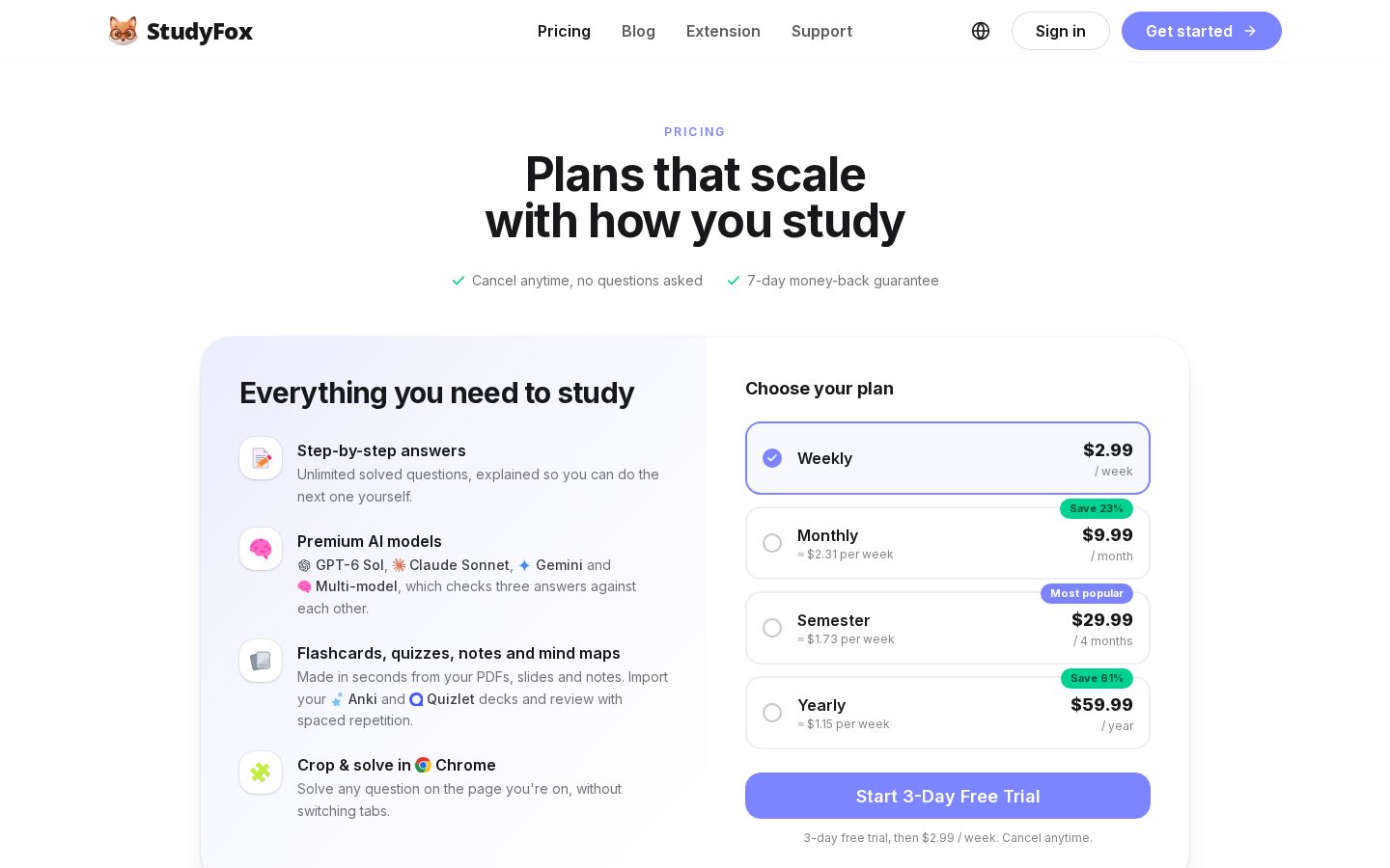 StudyFox Pricing