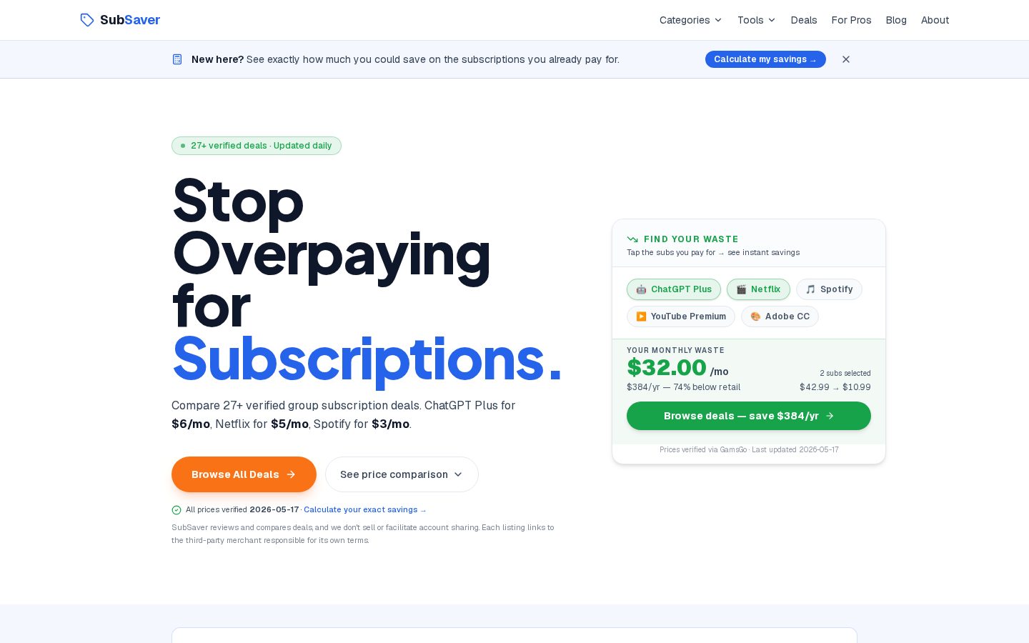 SubSaver Homepage