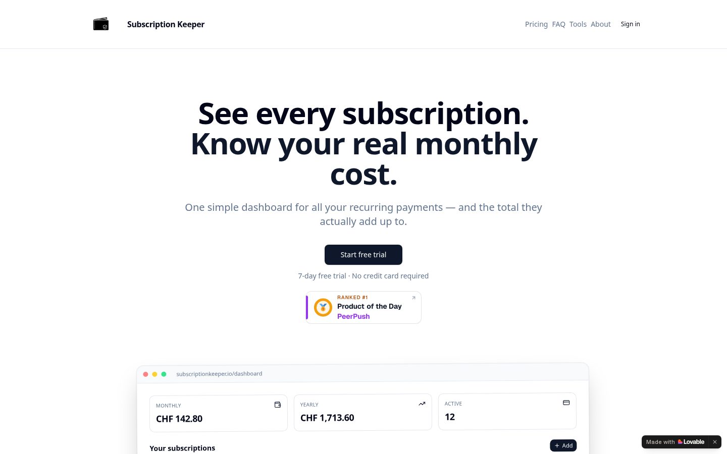 Subscription Keeper Homepage