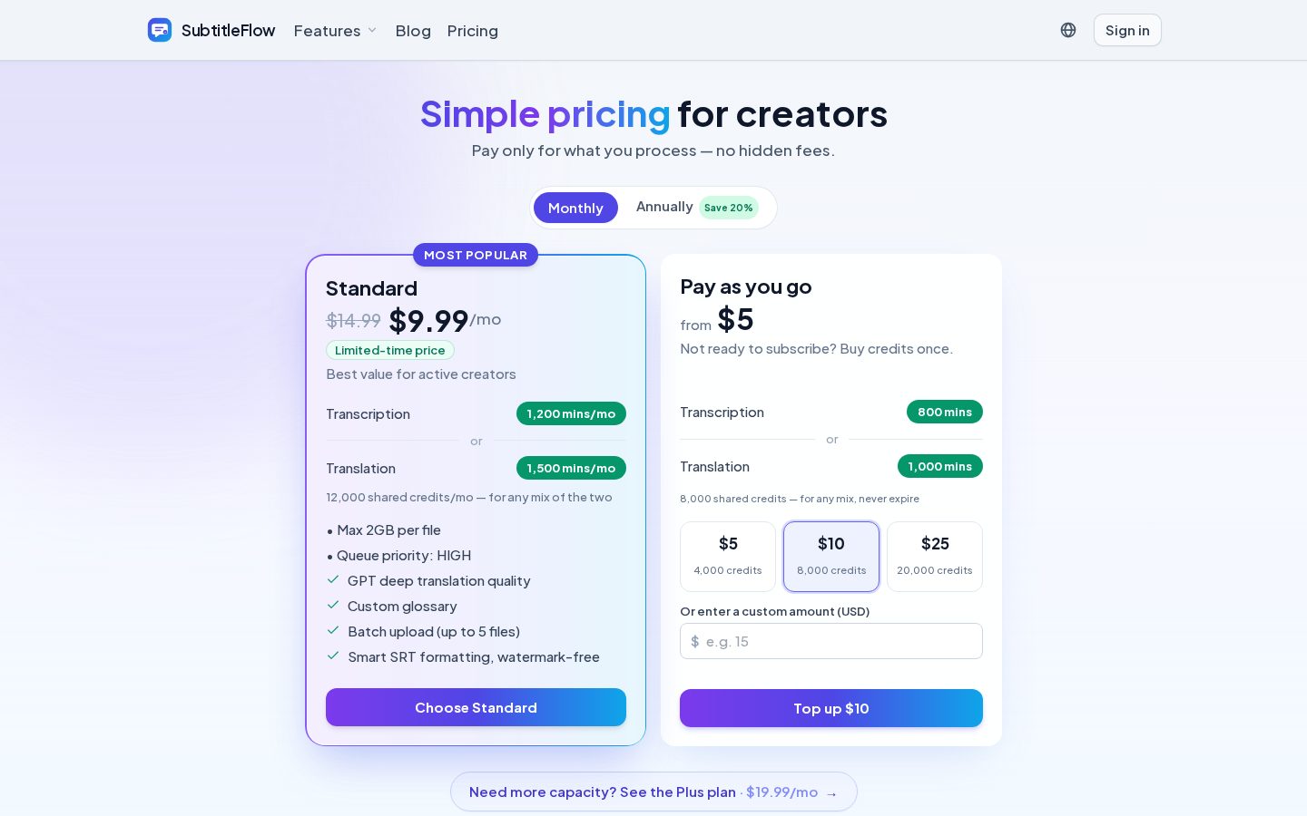 SubtitleFlow Pricing
