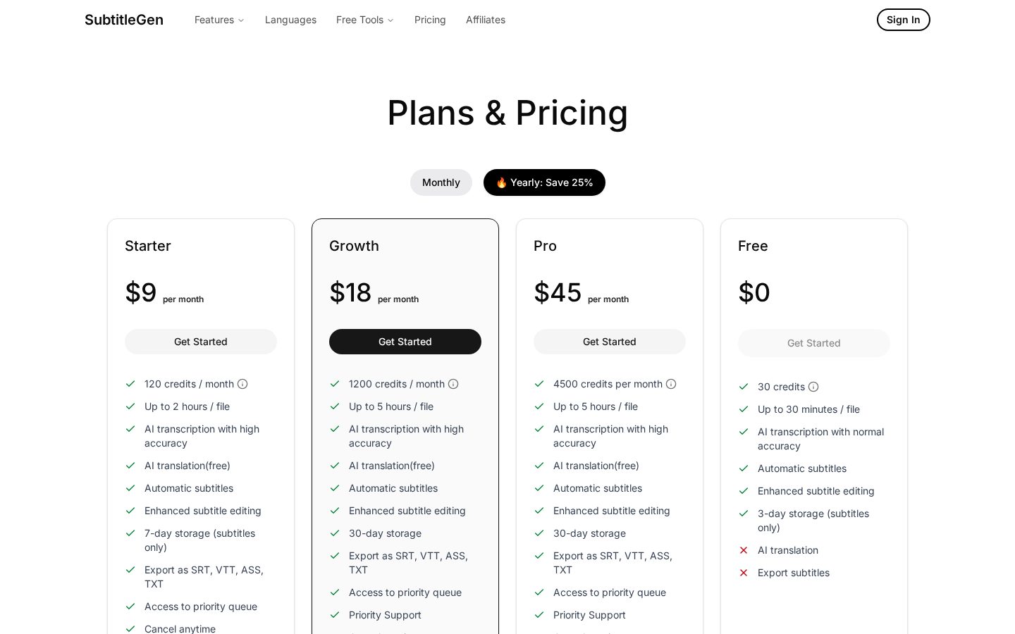 SubtitleGen Pricing