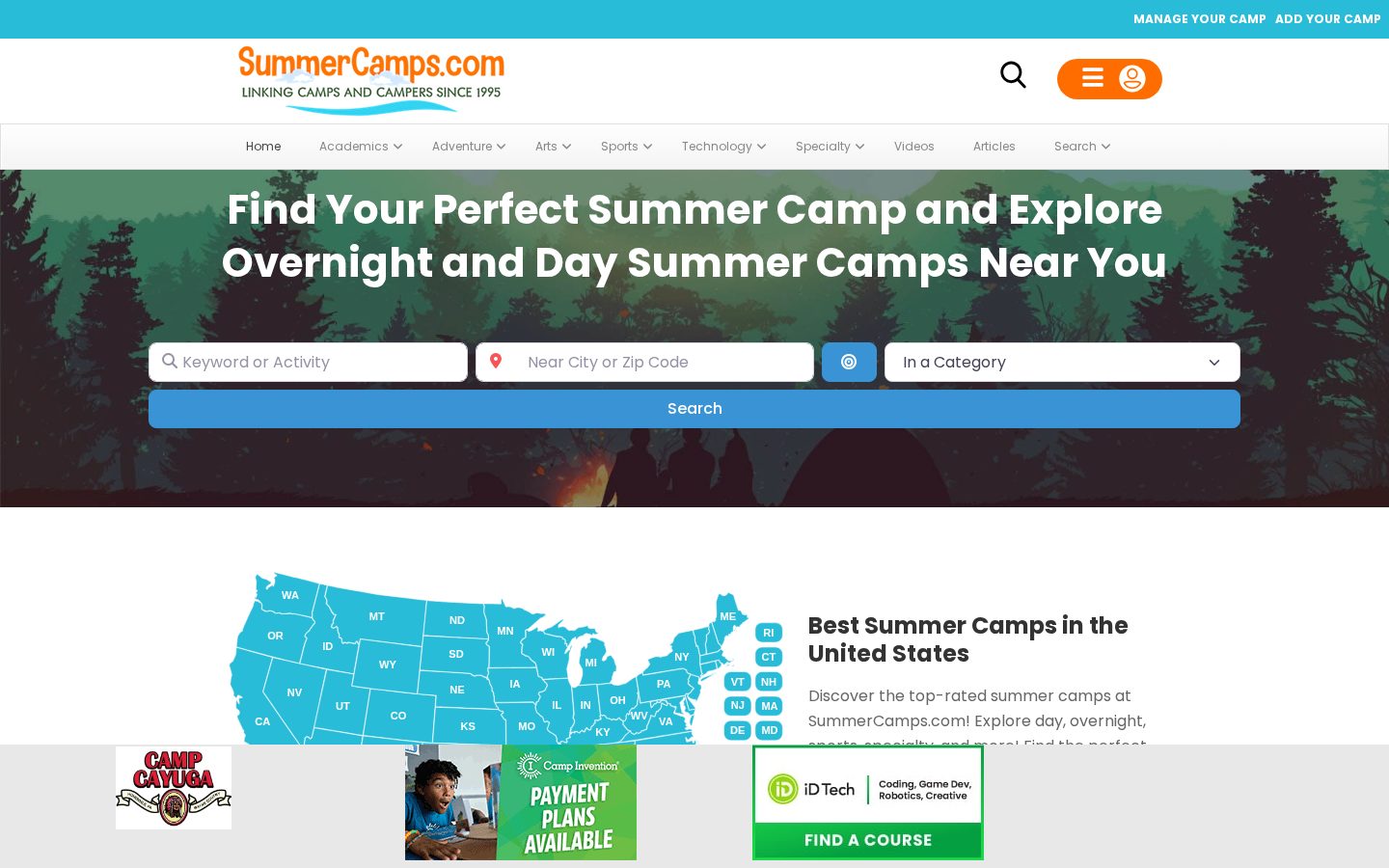 SummerCamps.com AI Camp Finder Homepage