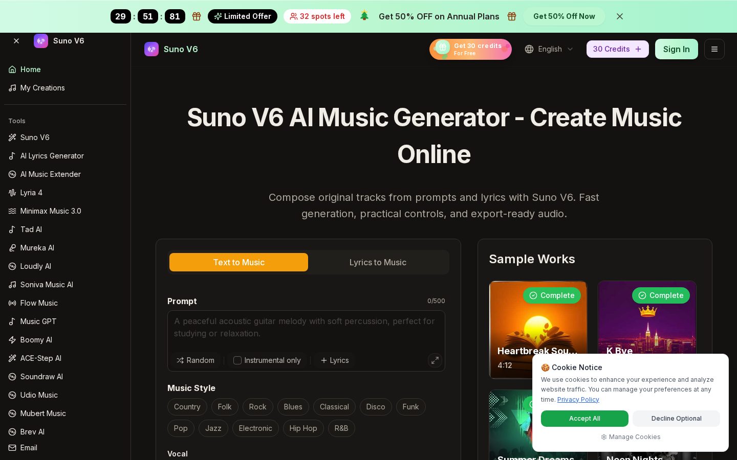 Suno V6 Homepage