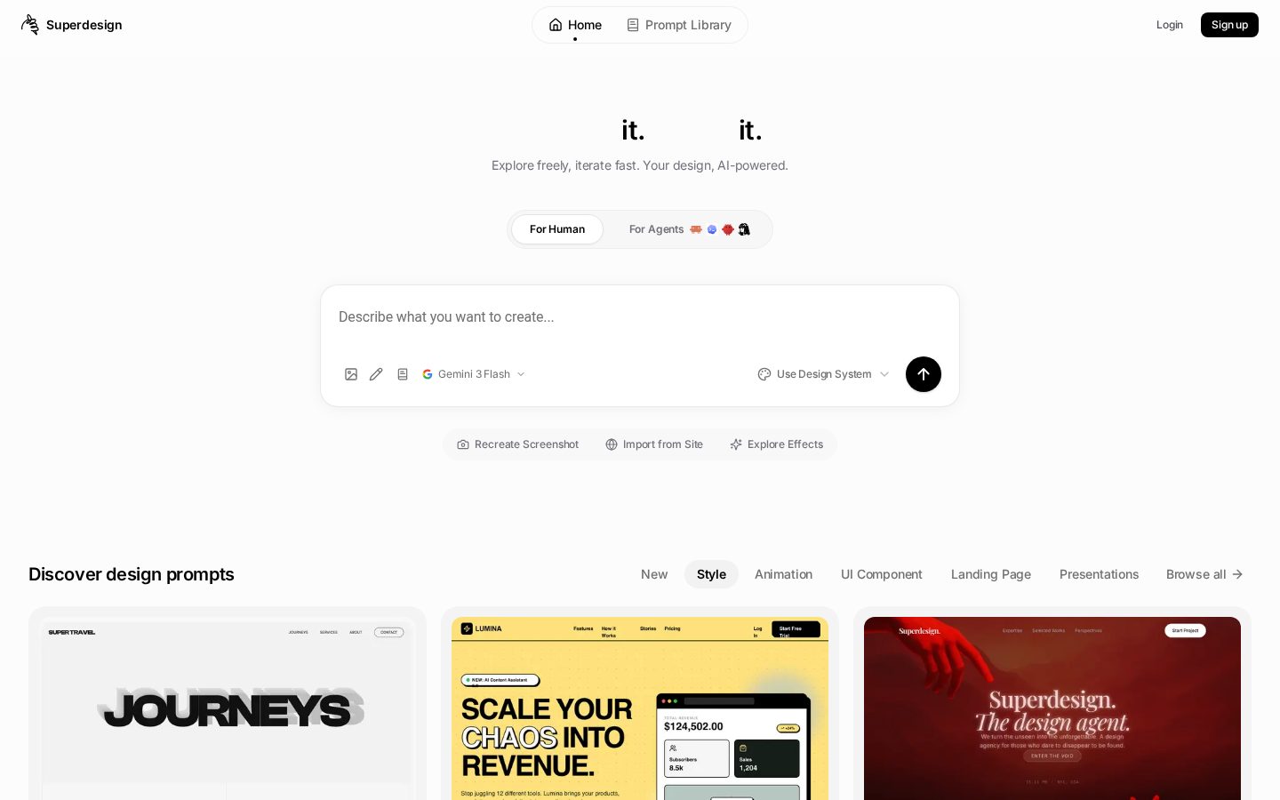 Superdesign Prompt Library Homepage