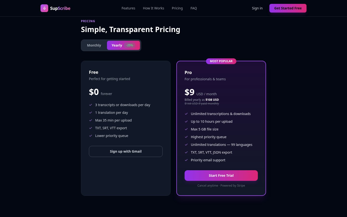 SupScribe Pricing