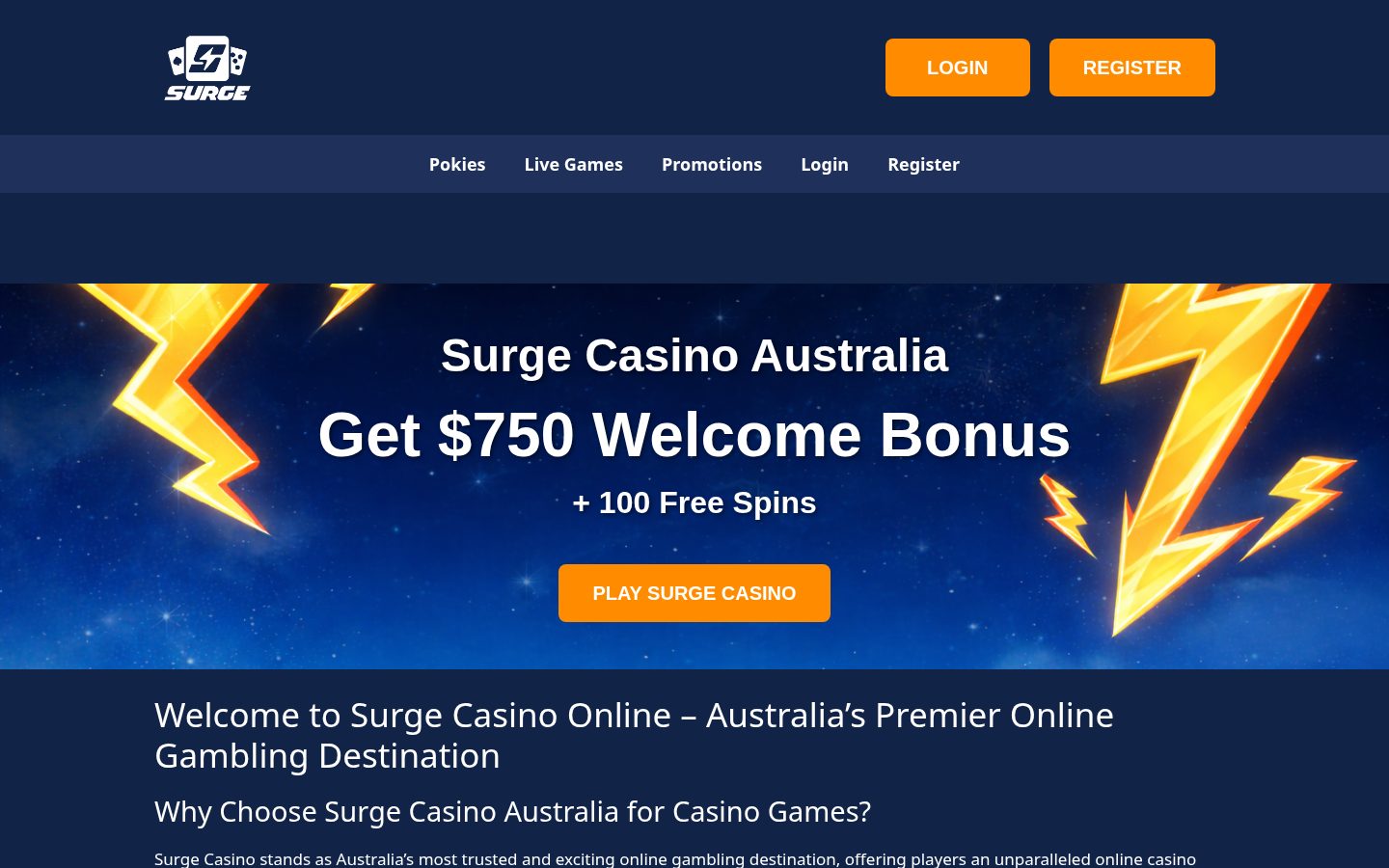 Surge Casino Australia Homepage