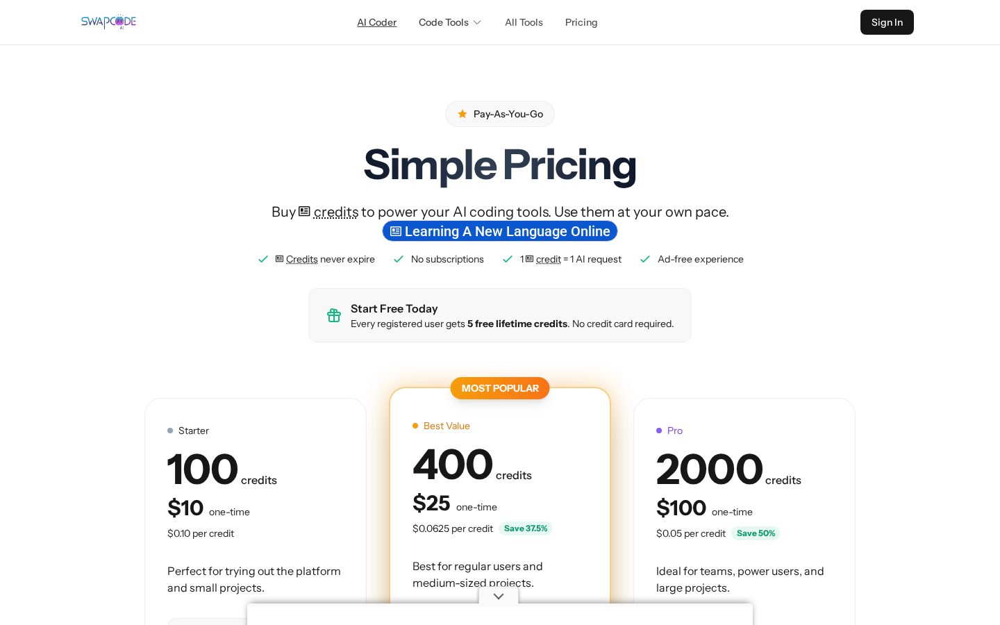 Swapcode AI Pricing