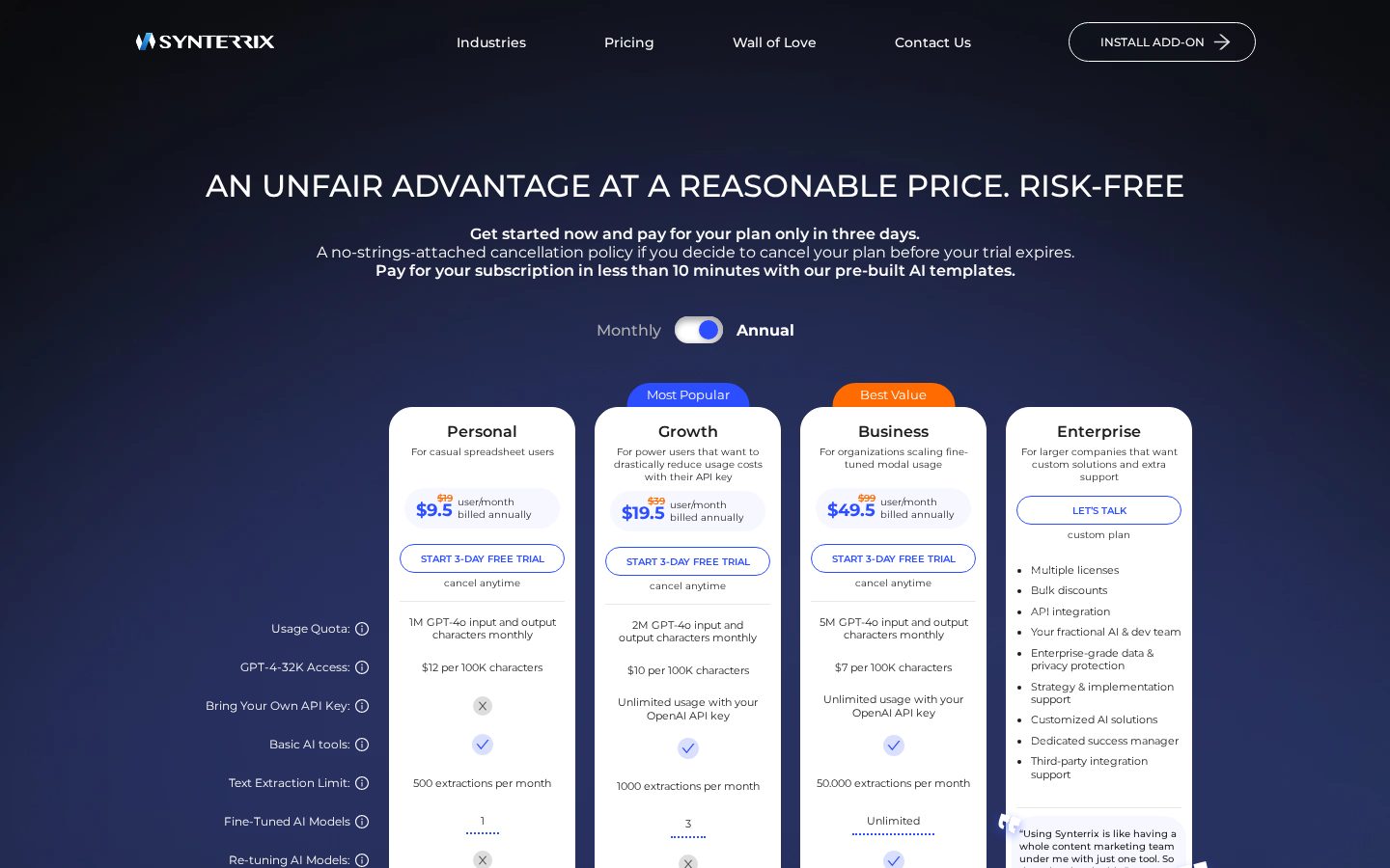 Synterrix Pricing