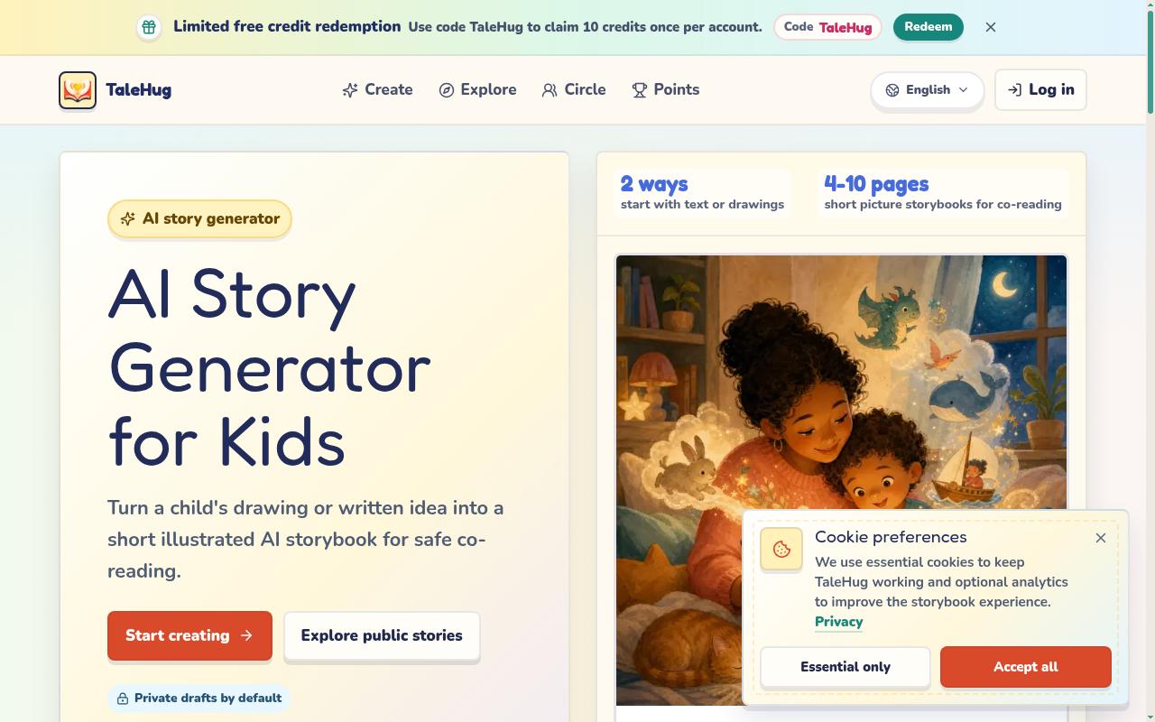TaleHug AI Story Generator for Kids Homepage