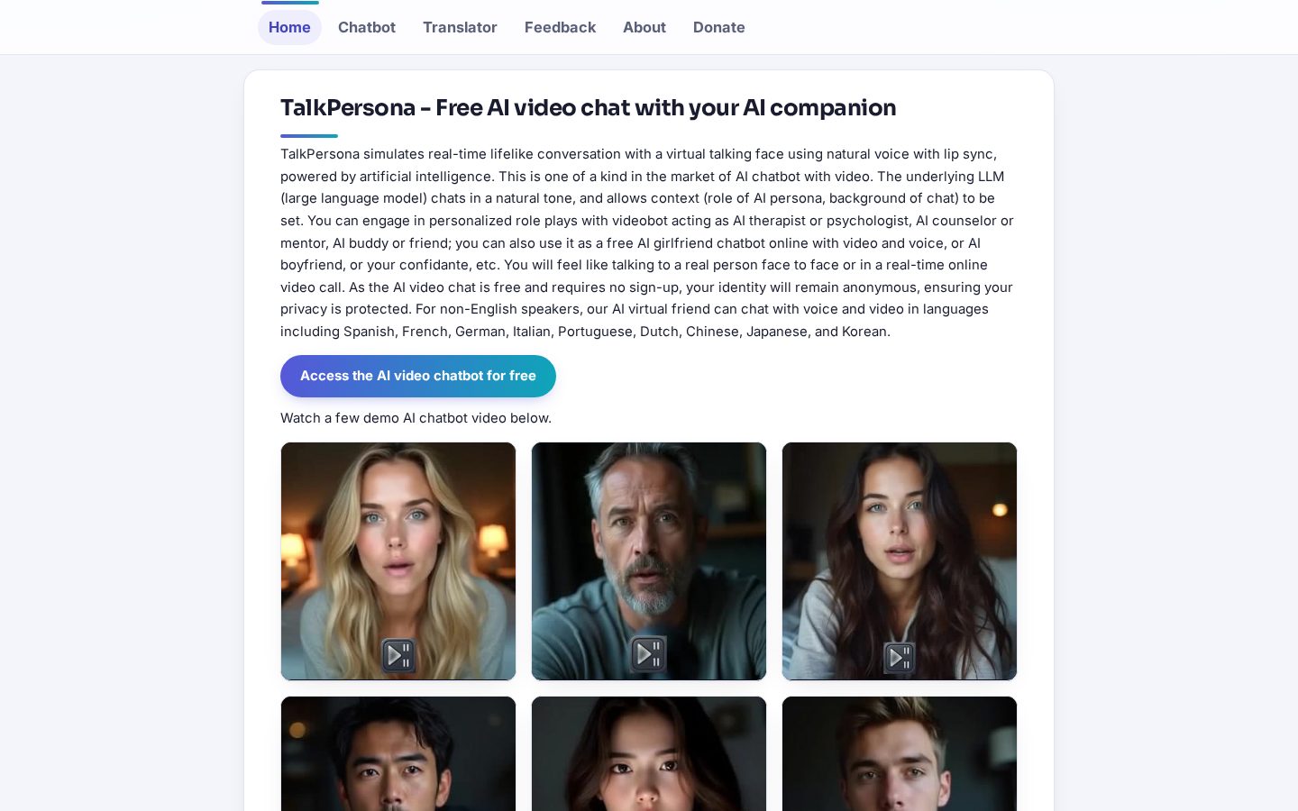 TalkPersona AI Video Chatbot Homepage