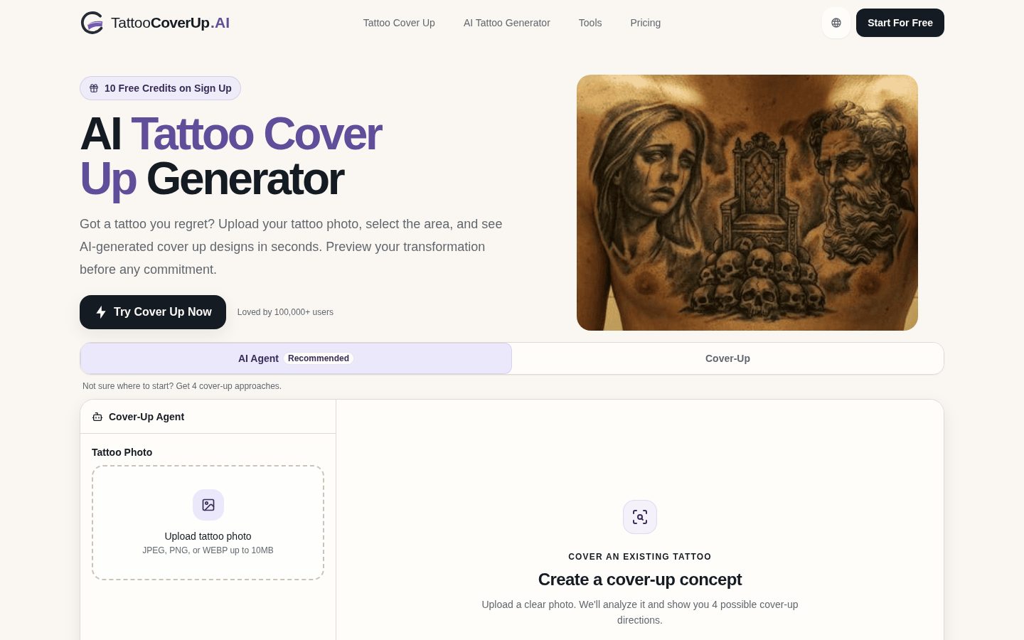 TattooCoverUp.AI - Revolutionary AI tattoo cover-up generator Homepage