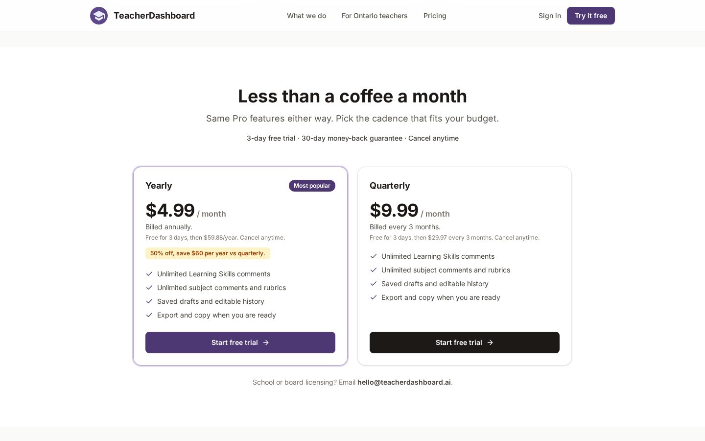 TeacherDashboard Pricing