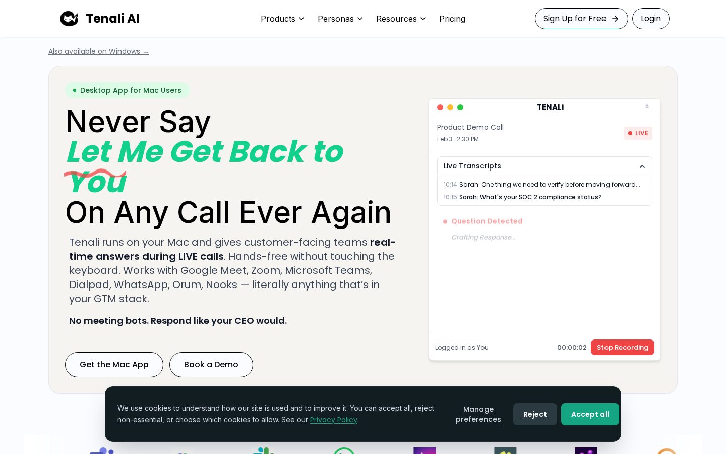 Tenali AI Real Time In-Call Intelligence Homepage