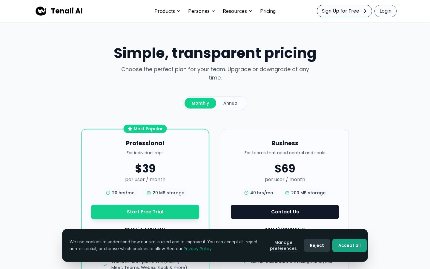 Tenali AI Real Time In-Call Intelligence Pricing