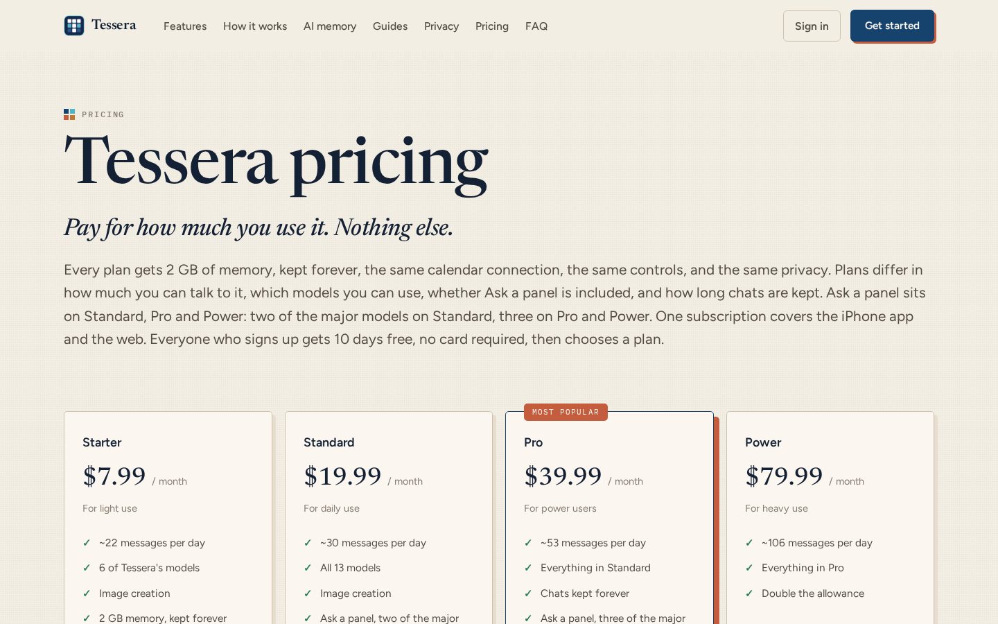 Tessera Pricing