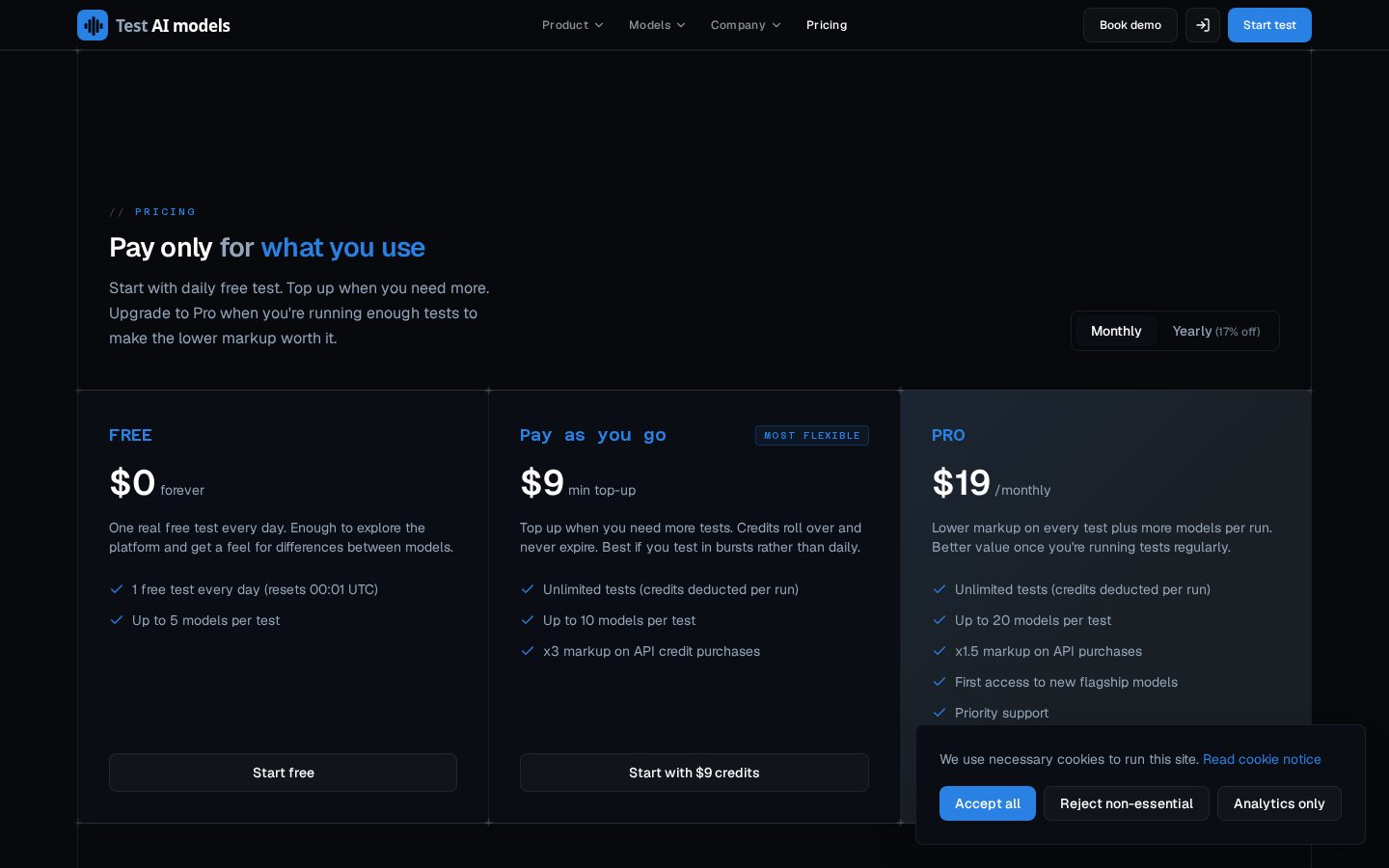 Test AI models Pricing