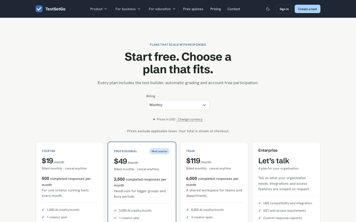 TestSetgo Pricing
