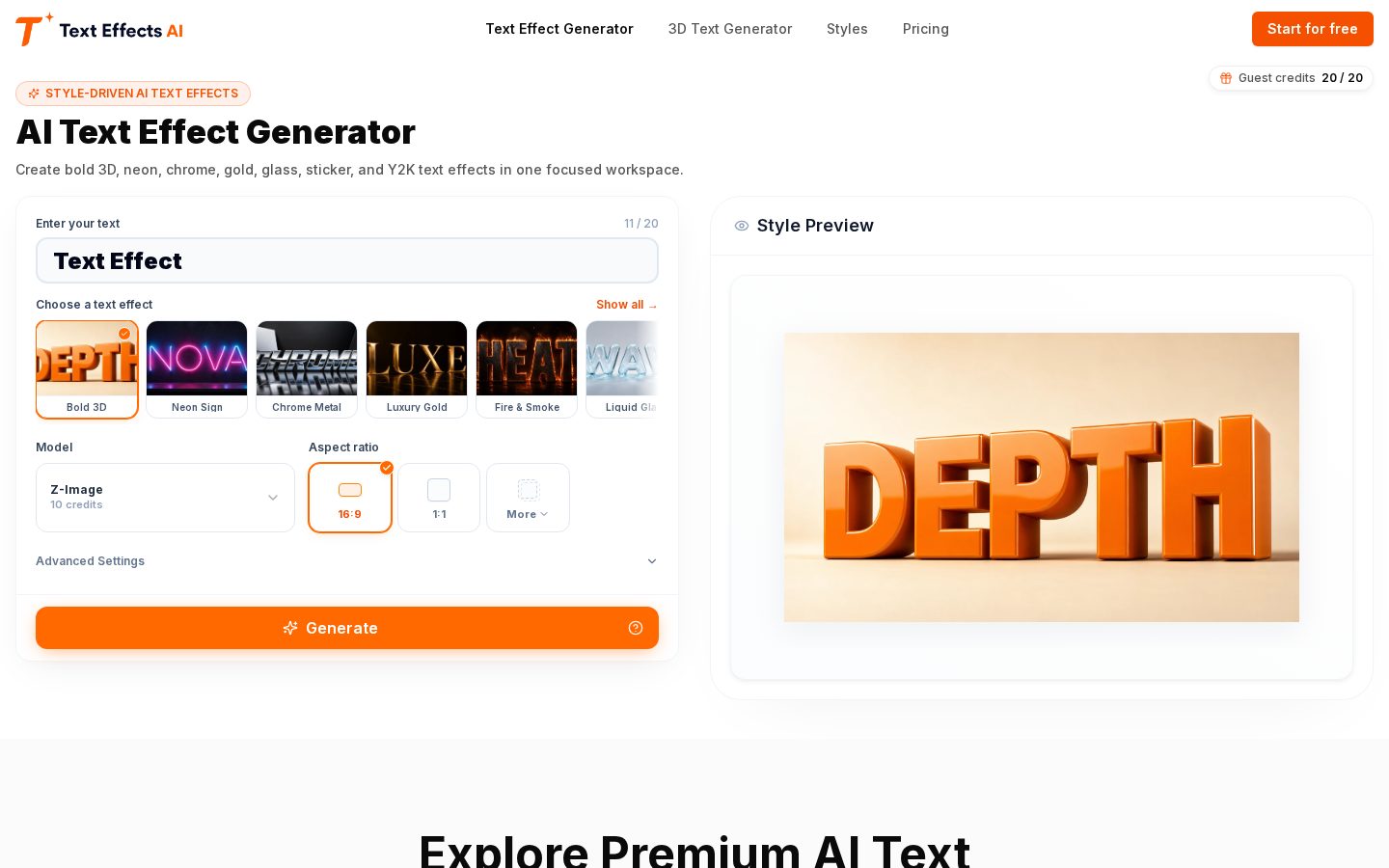 Text Effects AI Homepage