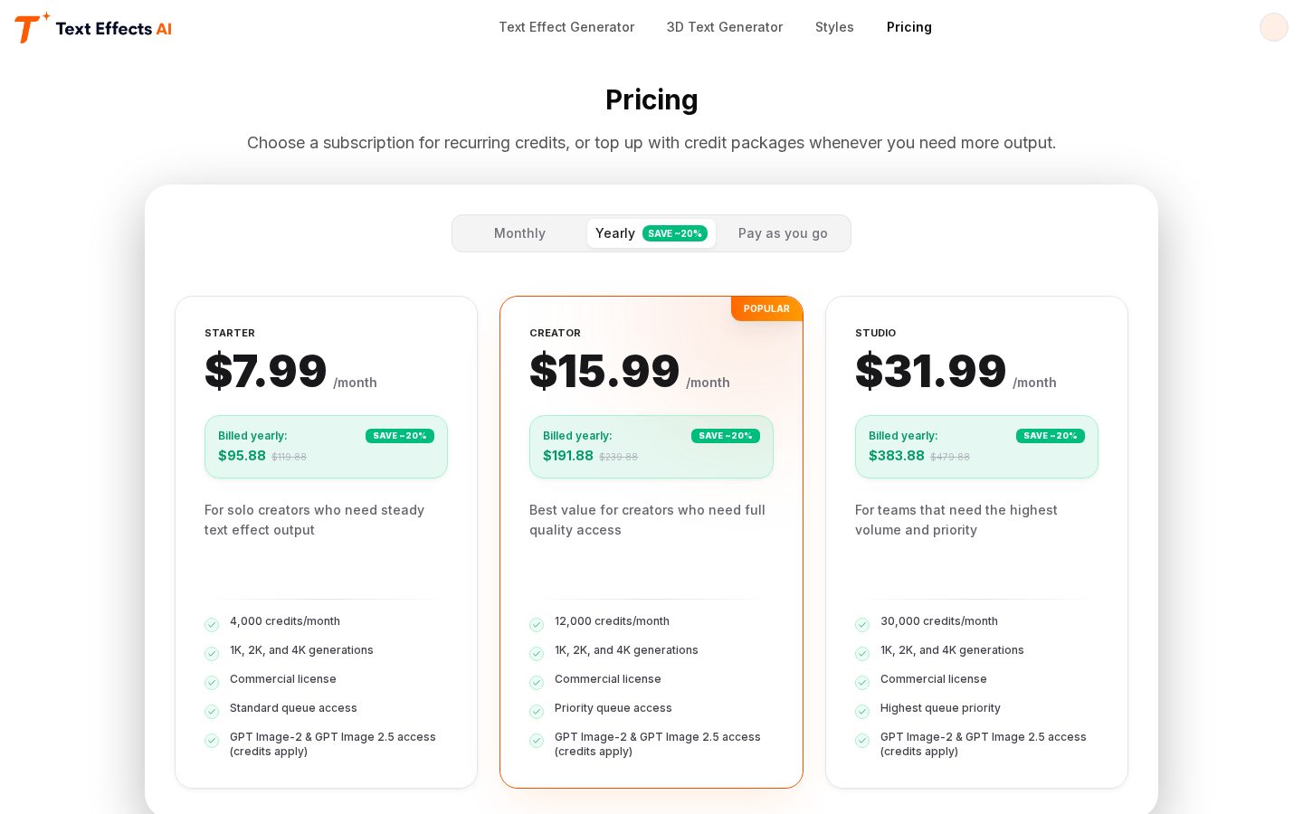 Text Effects AI Pricing
