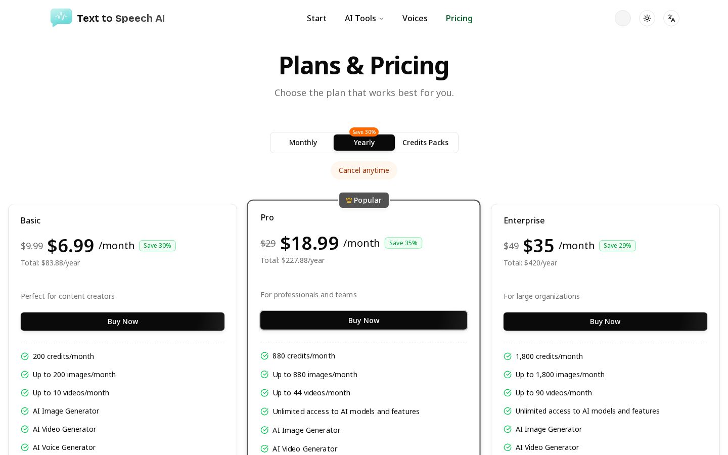 Text to Speech AI Pricing