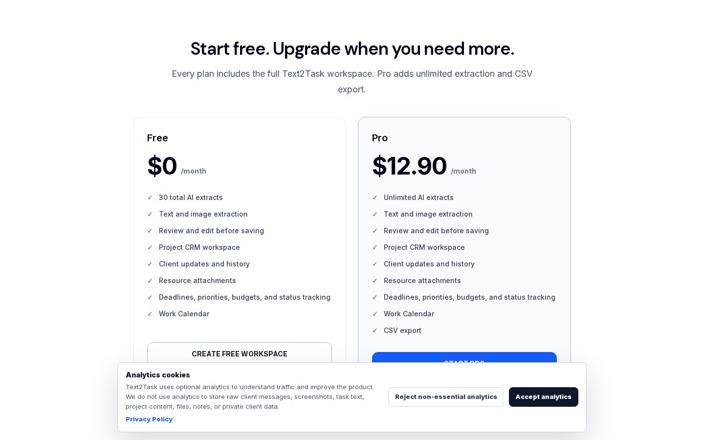 Text2Task Pricing