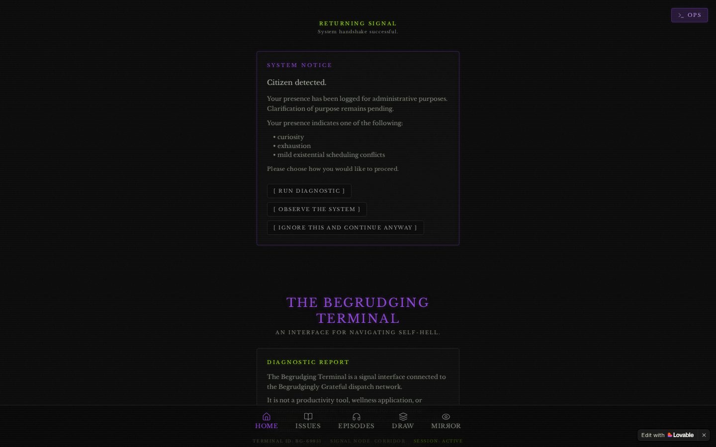 The Begrudging Terminal Homepage