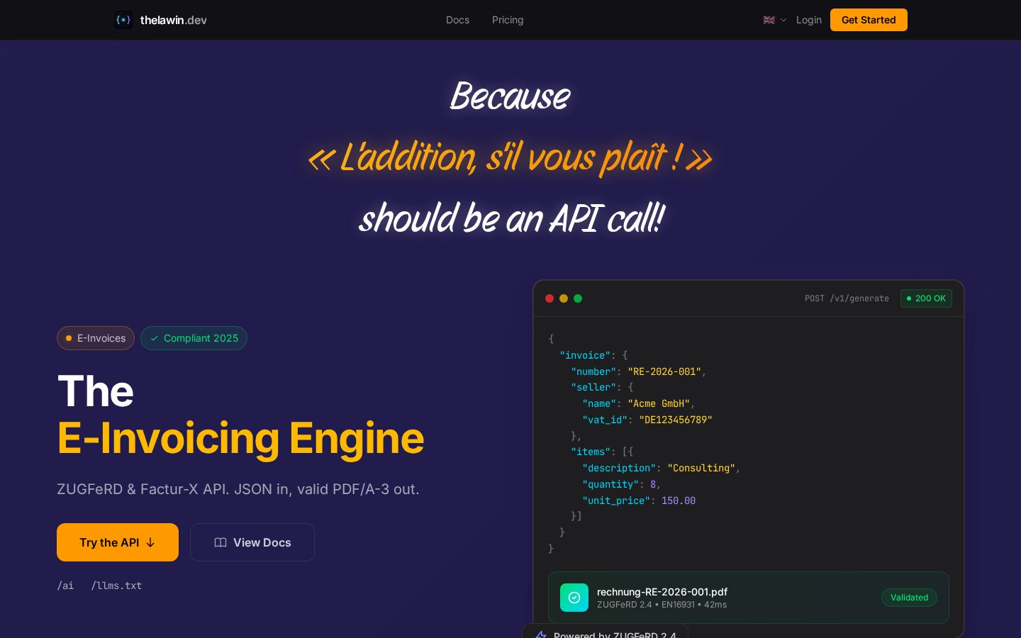 thelawin.dev E-Invoicing API Homepage
