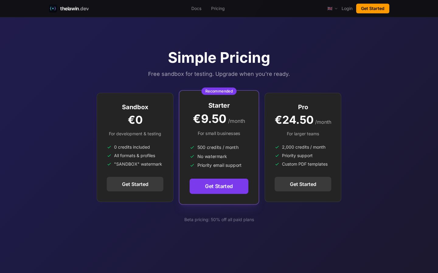 thelawin.dev E-Invoicing API Pricing