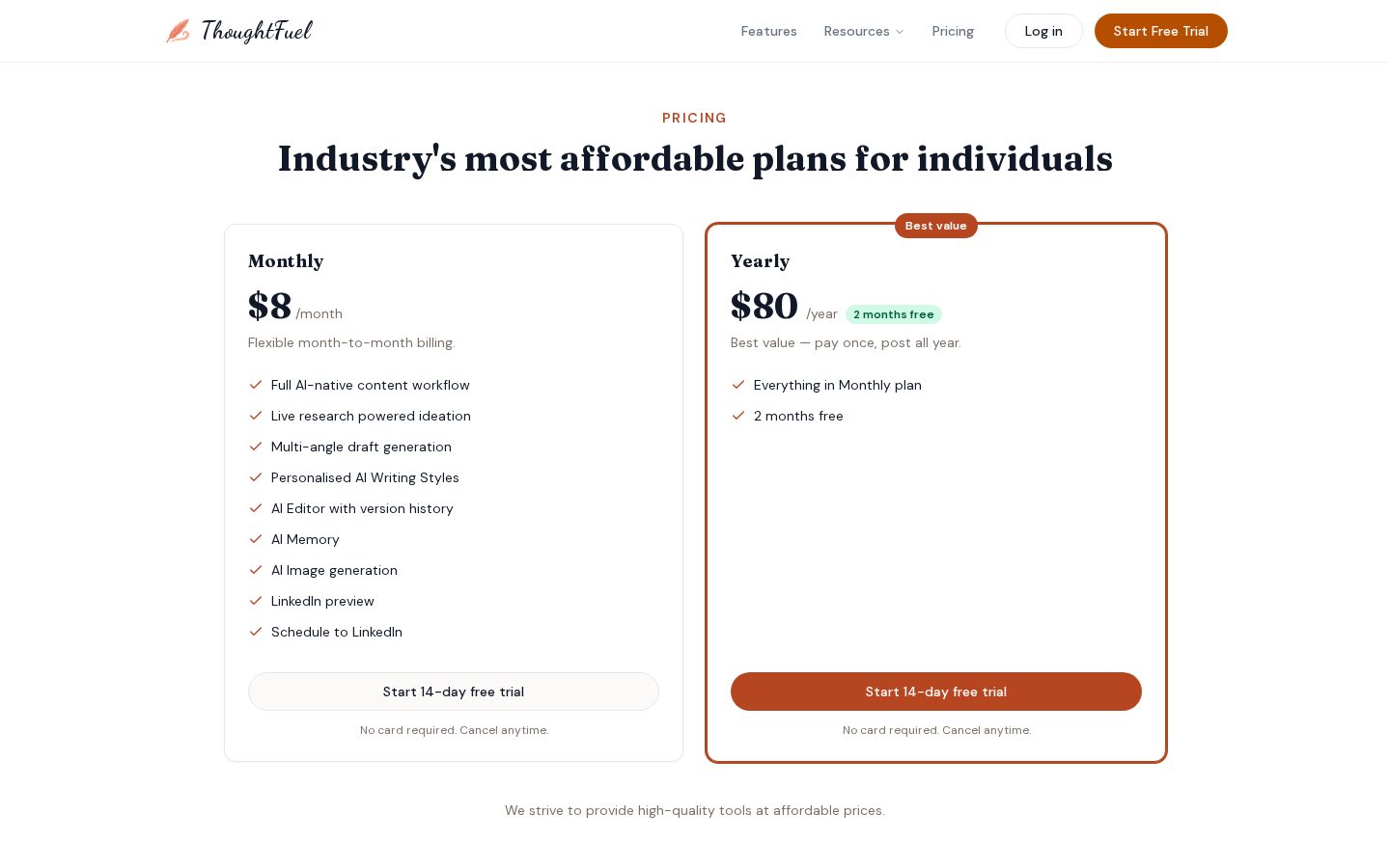 ThoughtFuel Pricing
