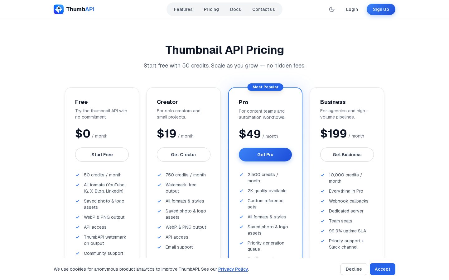 ThumbAPI Pricing