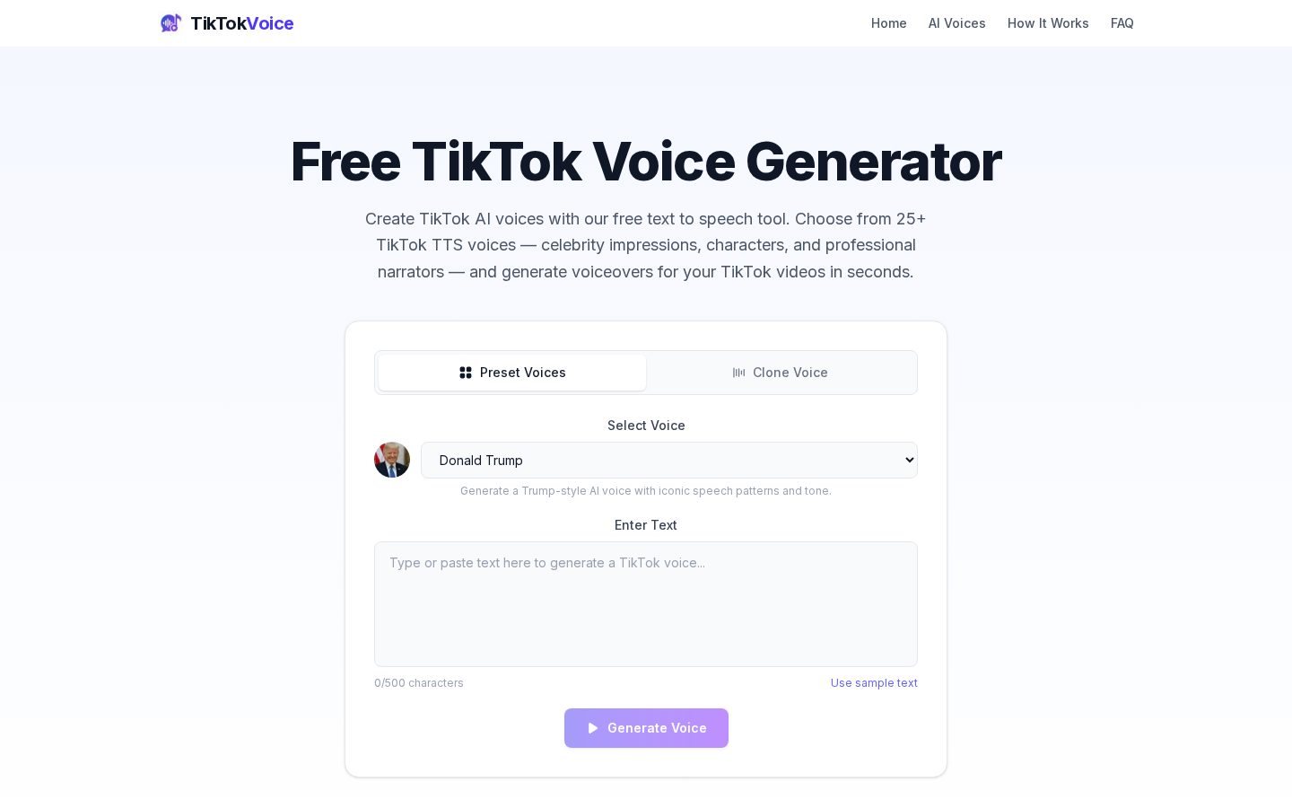 TikTok AI Voice Homepage