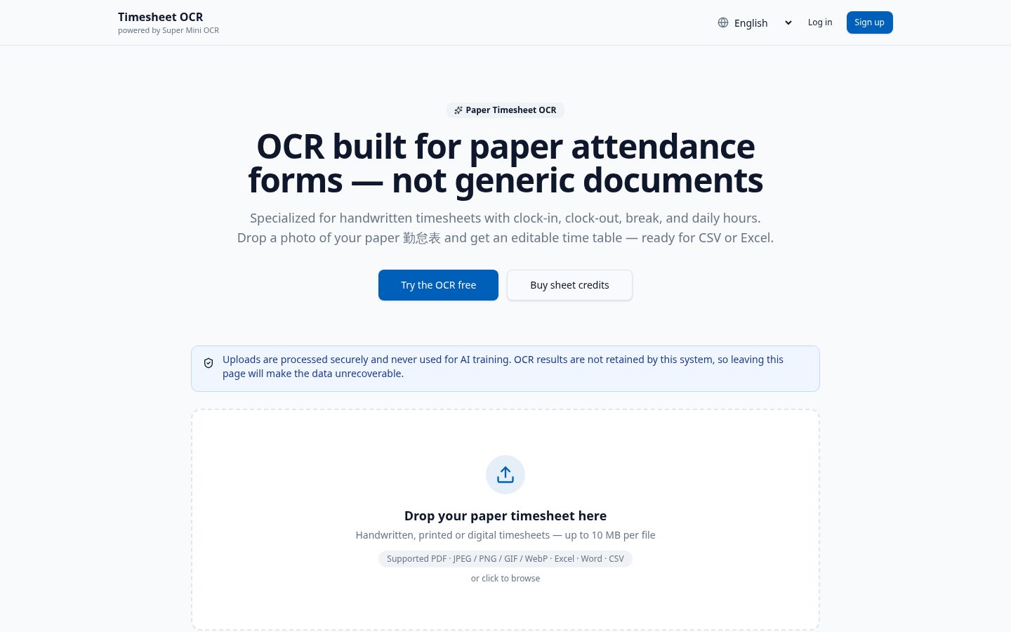 Timesheet AI-OCR Homepage