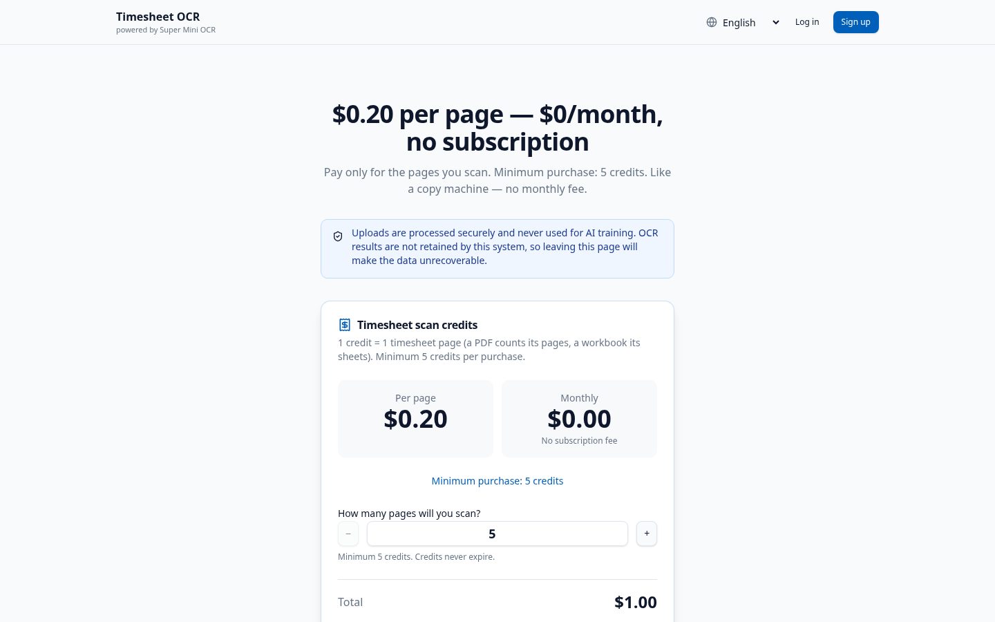 Timesheet AI-OCR Pricing