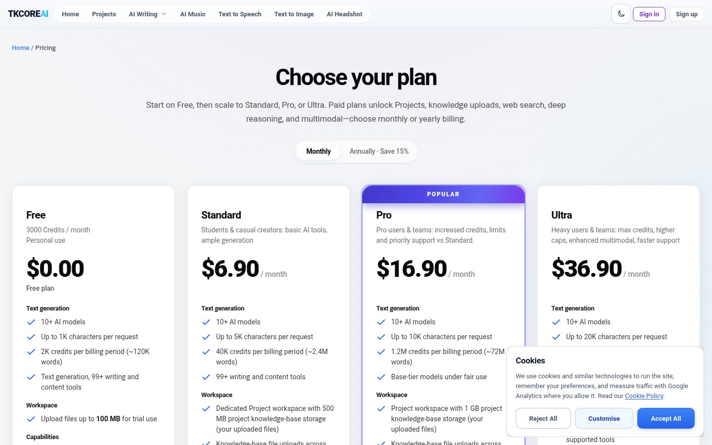 TKCORE AI Pricing