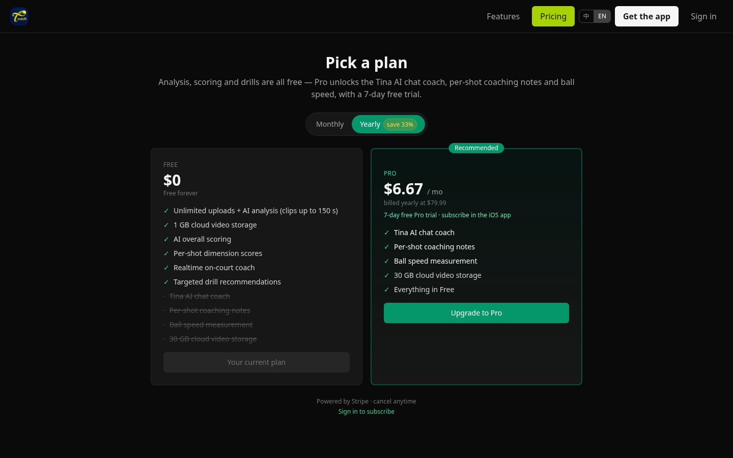 Toach AI Tennis Coach Pricing