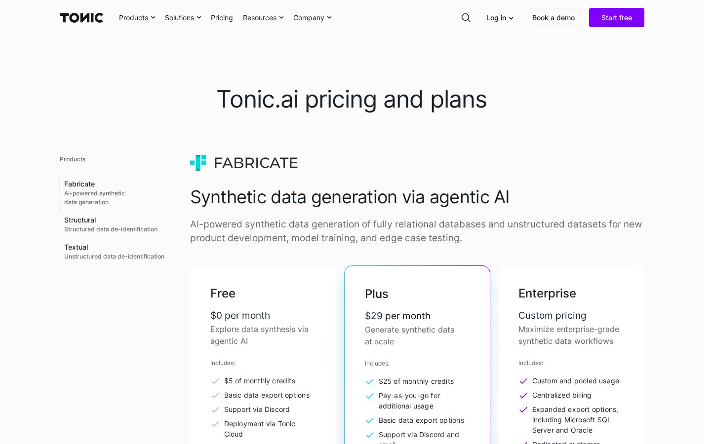 Tonic Fabricate Data Agent Pricing