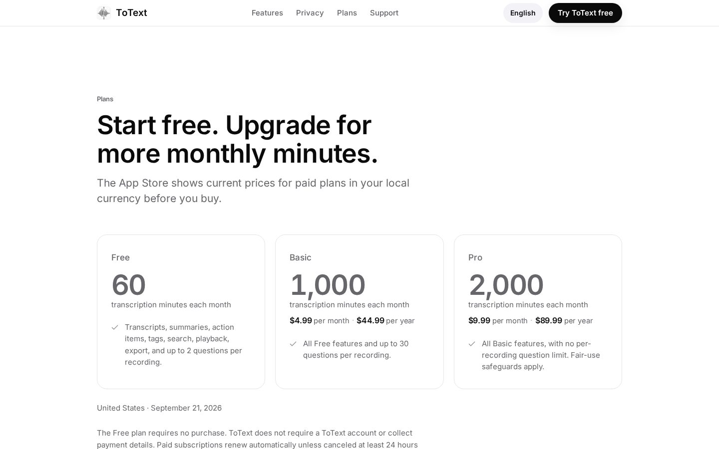 ToText Pricing