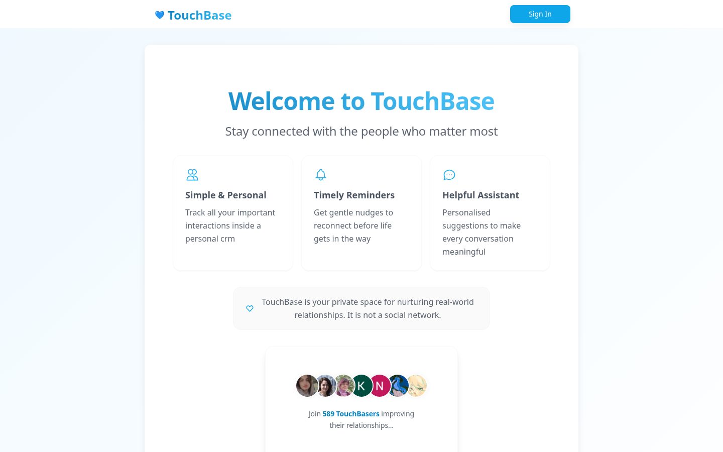 TouchBase (Personal CRM) Homepage